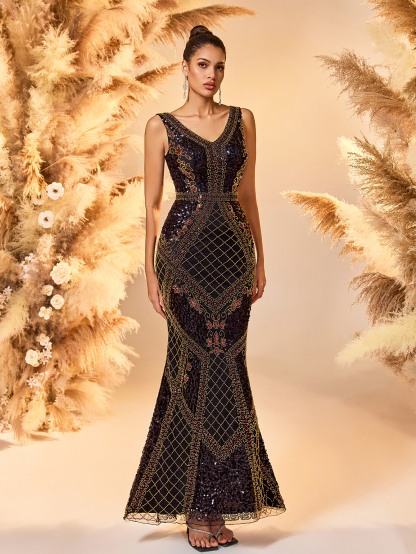 Modecrush Deep Purple Plain Weave Wedding Guest Dress Women - Elegant Long Sleeve Bodycon Evening Gown with Sheer Mesh Panel Skirt, Sparkling Formal Party Dress