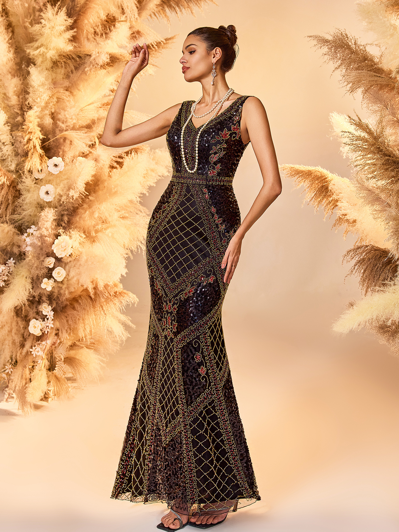 Modecrush Deep Purple Plain Weave Wedding Guest Dress Women - Elegant Long Sleeve Bodycon Evening Gown with Sheer Mesh Panel Skirt, Sparkling Formal Party Dress