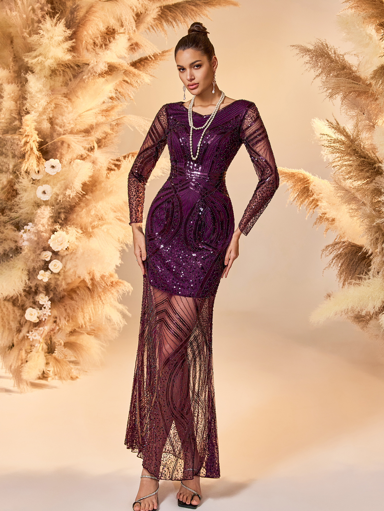 Modecrush Deep Purple Plain Weave Wedding Guest Dress Women - Elegant Long Sleeve Bodycon Evening Gown with Sheer Mesh Panel Skirt, Sparkling Formal Party Dress