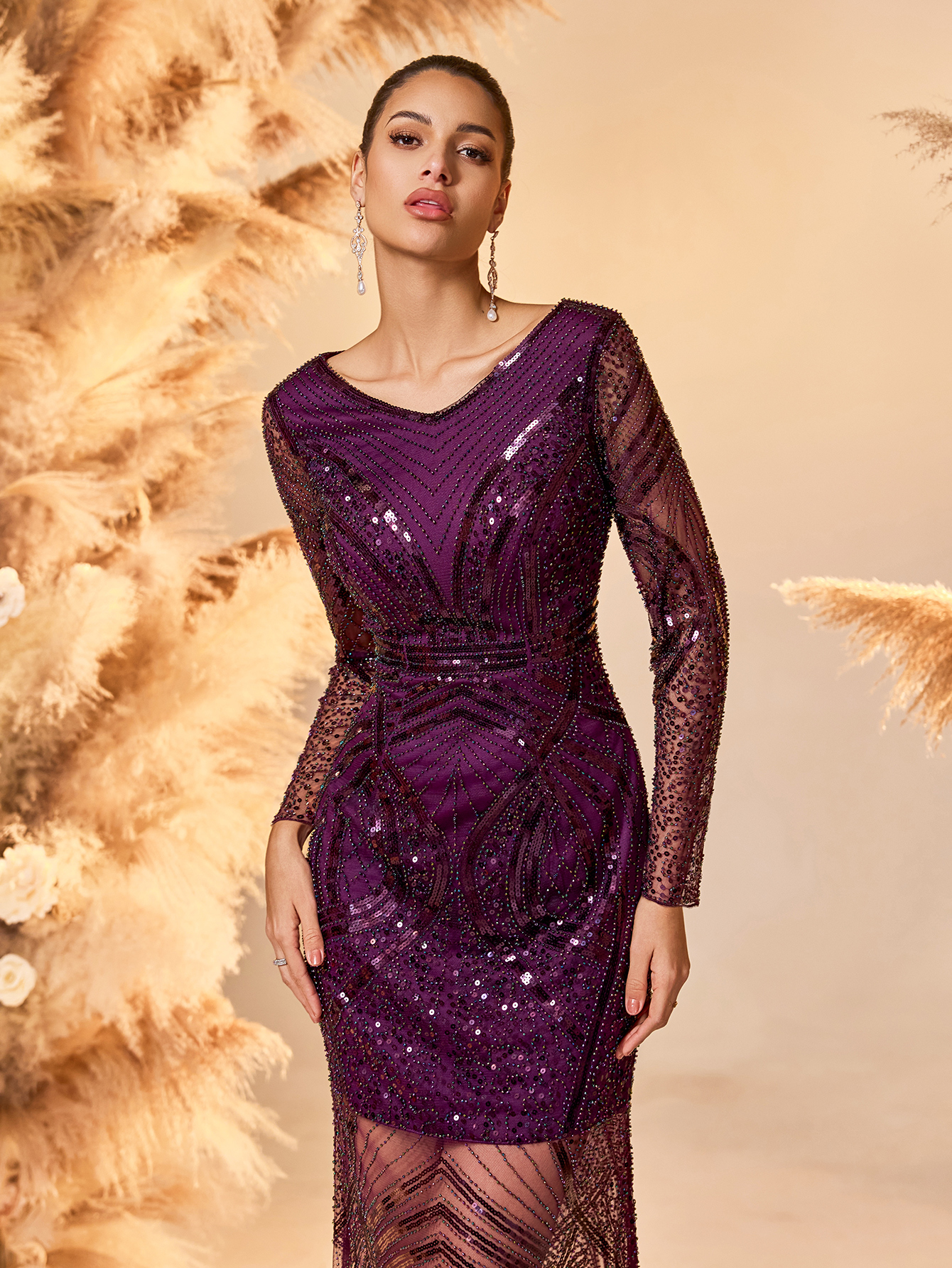 Modecrush Deep Purple Plain Weave Wedding Guest Dress Women - Elegant Long Sleeve Bodycon Evening Gown with Sheer Mesh Panel Skirt, Sparkling Formal Party Dress