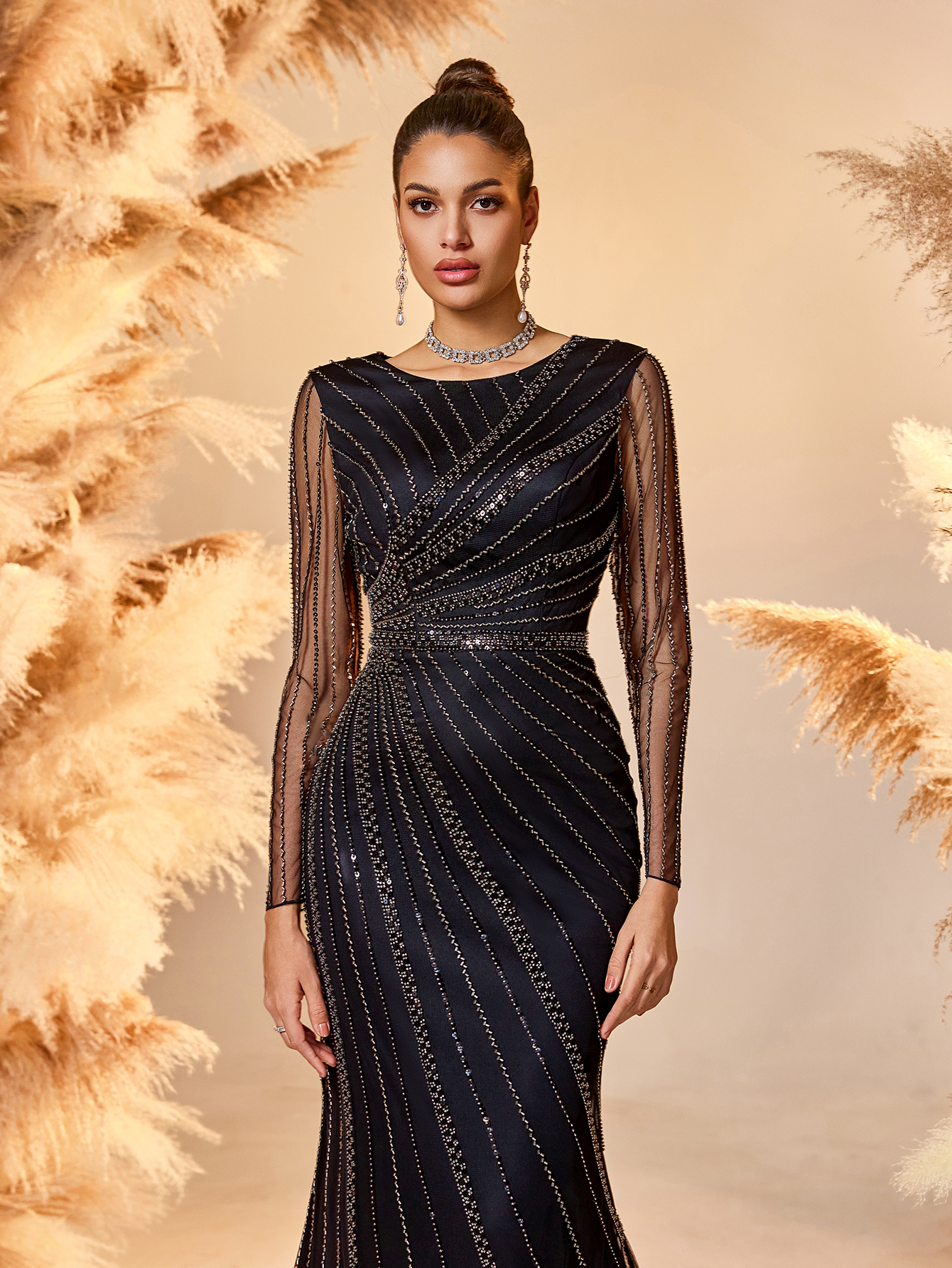 Modecrush Women's Elegant Black Beaded Wedding Guest Dress - Long Sleeve Striped Maxi Dress with Flowy Hem