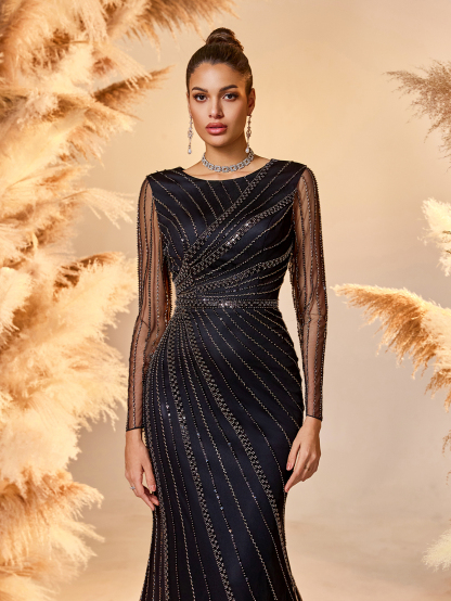 Modecrush Women's Elegant Black Beaded Wedding Guest Dress - Long Sleeve Striped Maxi Dress with Flowy Hem