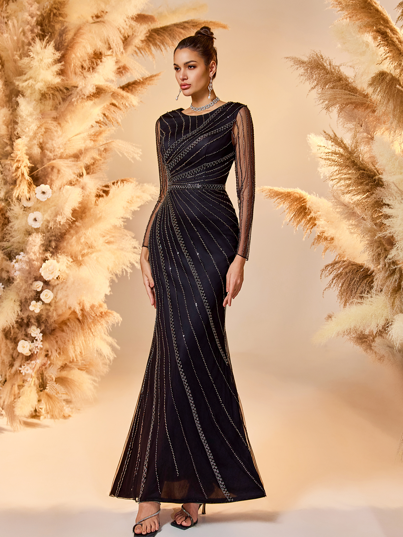 Modecrush Women's Elegant Black Beaded Wedding Guest Dress - Long Sleeve Striped Maxi Dress with Flowy Hem