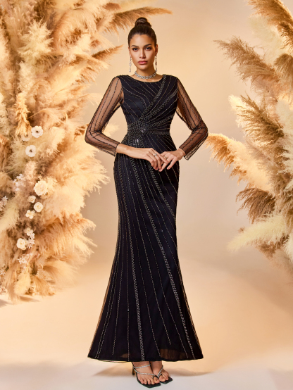 Modecrush Women's Elegant Black Beaded Wedding Guest Dress - Long Sleeve Striped Maxi Dress with Flowy Hem