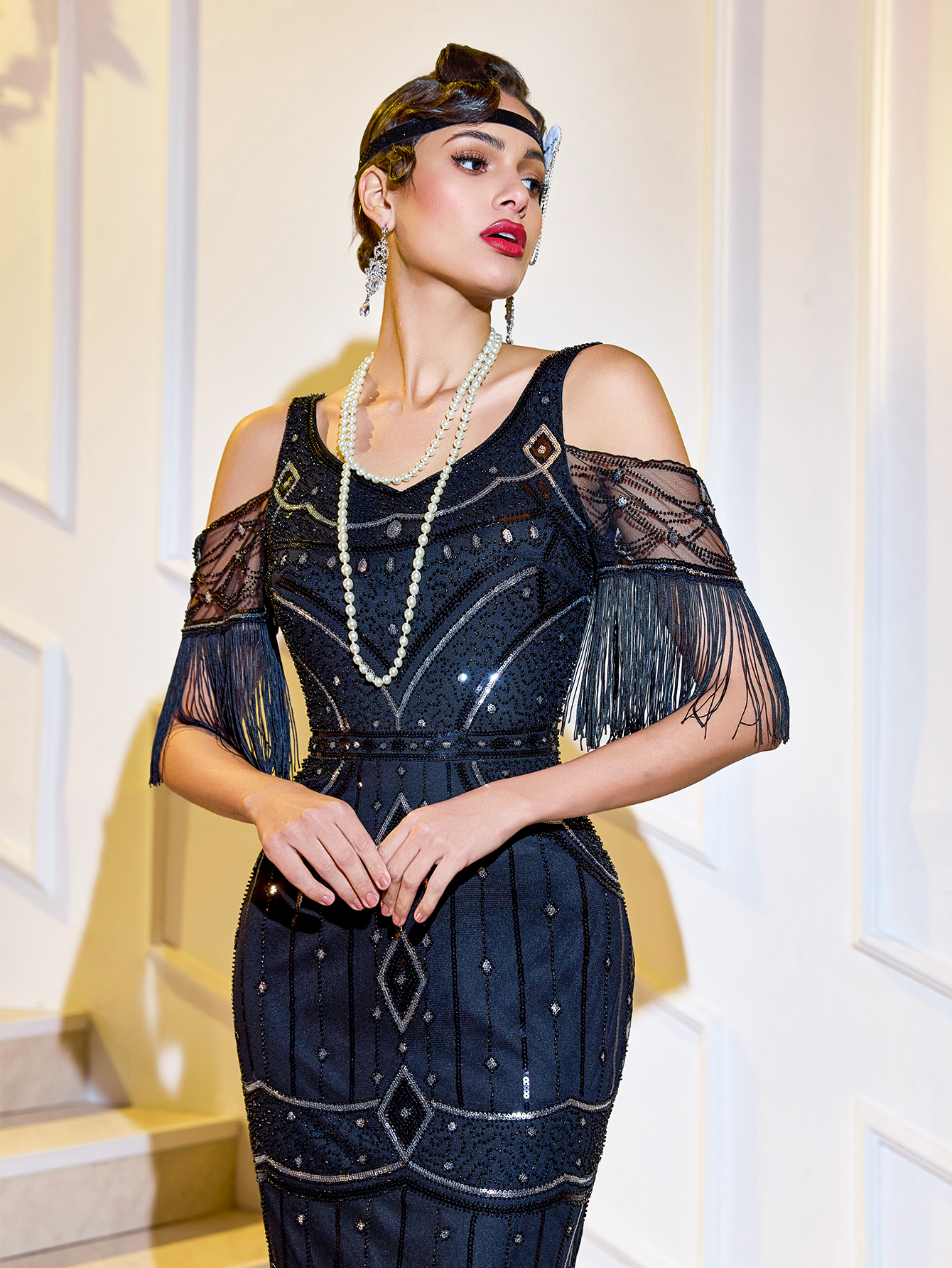 Modecrush Retro Women's Sequins Long Dress, 1920s Gatsby Party Tassel Dress, Black Wedding Guest, Graduation, Formal Prom Dress