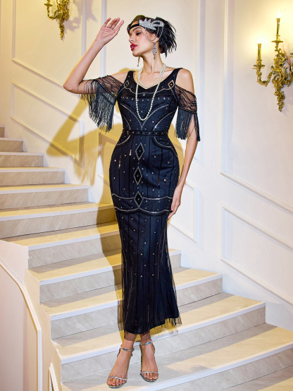 Modecrush Retro Women's Sequins Long Dress, 1920s Gatsby Party Tassel Dress, Black Wedding Guest, Graduation, Formal Prom Dress