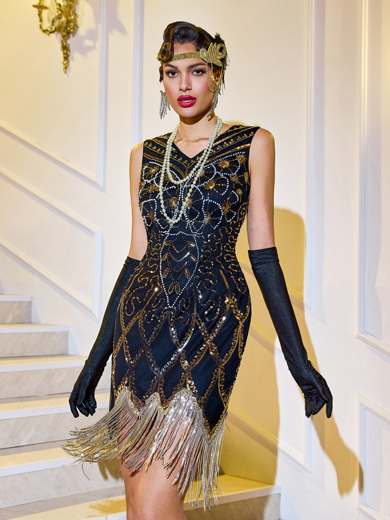 Modecrush Flapper Fringe Dress Sequins and Beads Fishtail Pattern Short 1920s Gatsby V Neck Holiday Party Women's Outfit