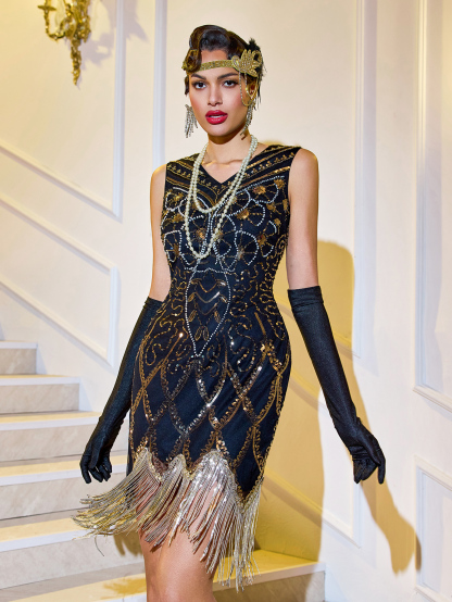 Modecrush Flapper Fringe Dress Sequins and Beads Fishtail Pattern Short 1920s Gatsby V Neck Holiday Party Women's Outfit
