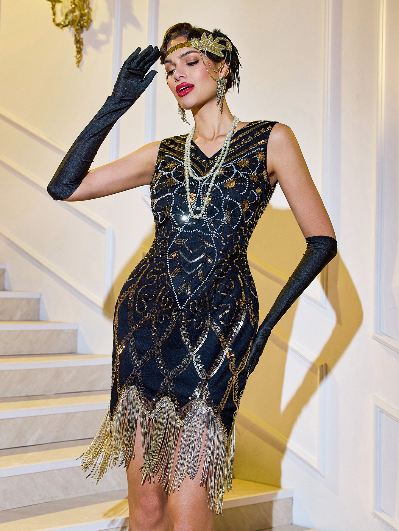 Modecrush Flapper Fringe Dress Sequins and Beads Fishtail Pattern Short 1920s Gatsby V Neck Holiday Party Women's Outfit