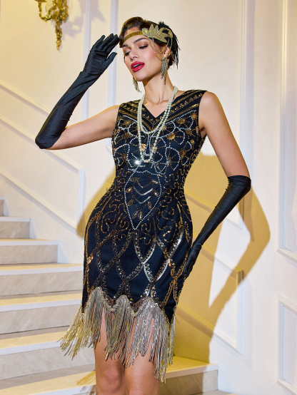Modecrush Flapper Fringe Dress Sequins and Beads Fishtail Pattern Short 1920s Gatsby V Neck Holiday Party Women's Outfit