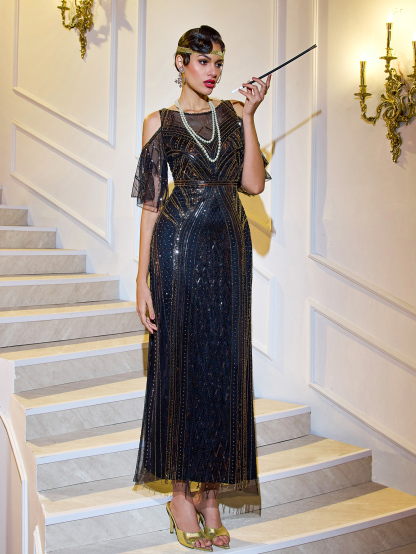 Modecrush Long Vintage Evening Prom Dress, 1920s Gatsby Ball Wedding Guest Sequin Elegant Off-Shoulder Dress