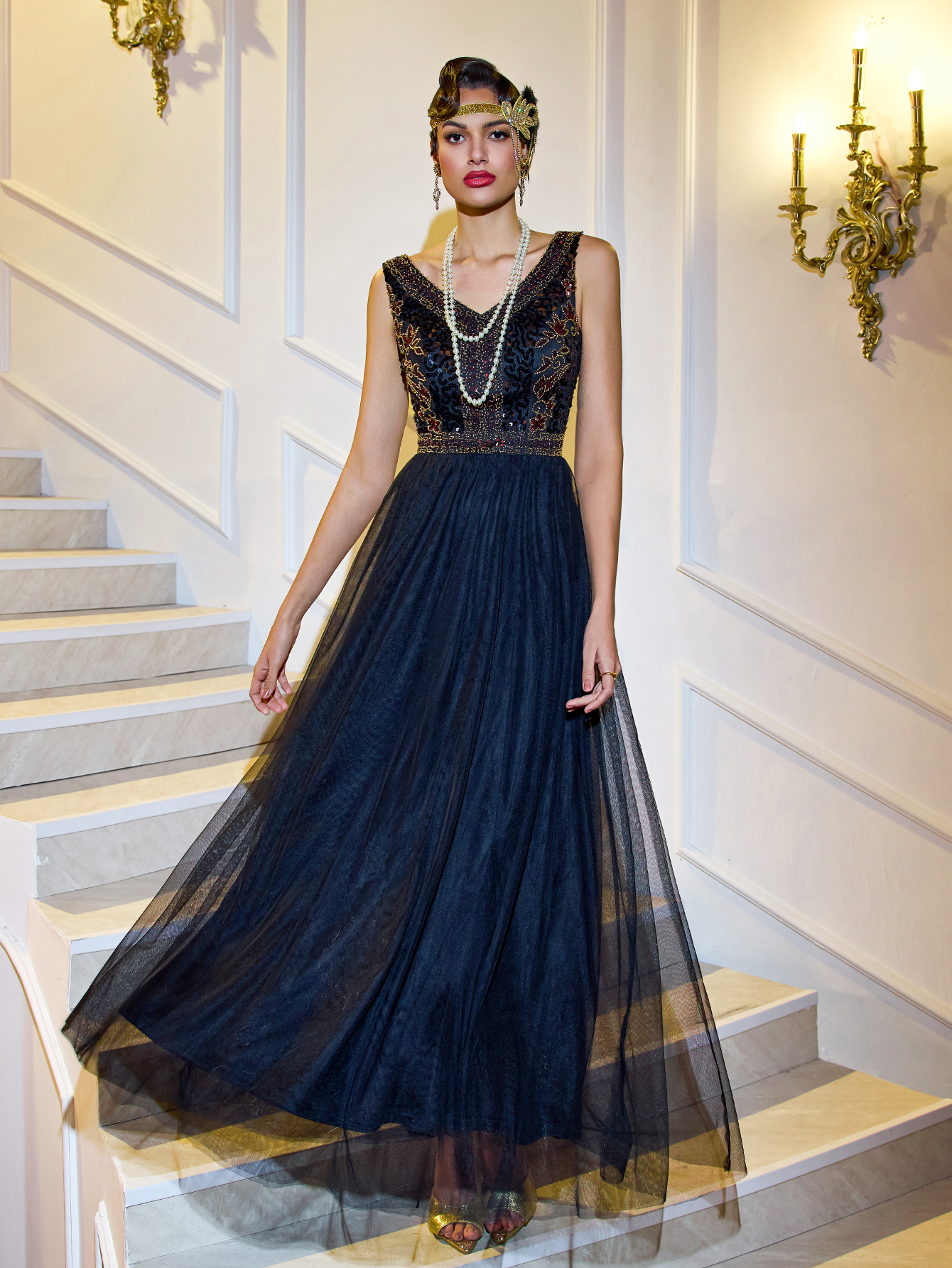 Modecrush 1920s Vintage Long Gown for Women, Elegant V-neck Beaded Mesh Party Prom Dress, For Graduation, Evening Dress