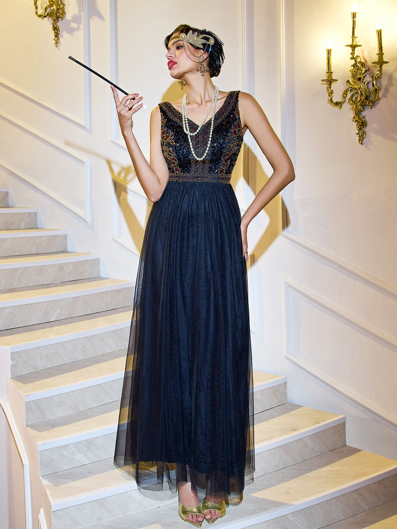 Modecrush 1920s Vintage Long Gown for Women, Elegant V-neck Beaded Mesh Party Prom Dress, For Graduation, Evening Dress