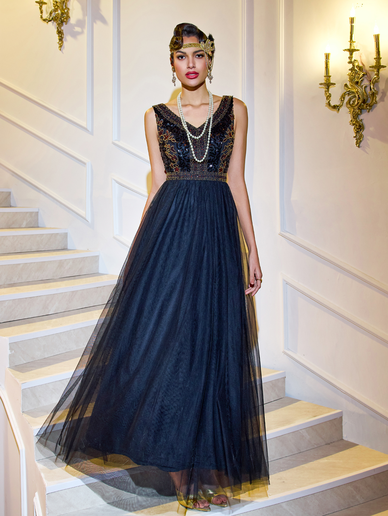 Modecrush 1920s Vintage Long Gown for Women, Elegant V-neck Beaded Mesh Party Prom Dress, For Graduation, Evening Dress