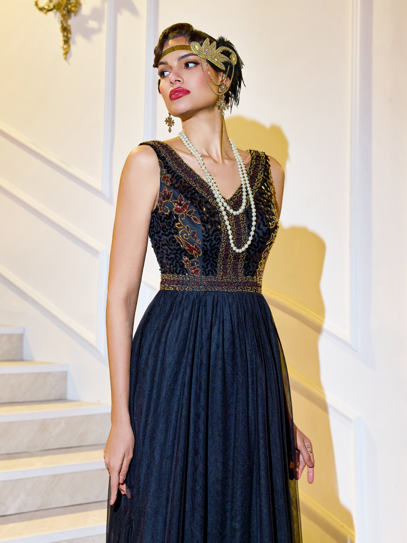 Modecrush 1920s Vintage Long Gown for Women, Elegant V-neck Beaded Mesh Party Prom Dress, For Graduation, Evening Dress