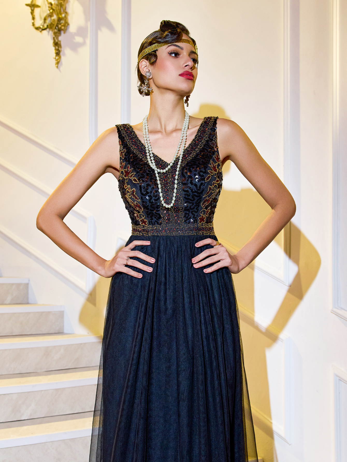 Modecrush 1920s Vintage Long Gown for Women, Elegant V-neck Beaded Mesh Party Prom Dress, For Graduation, Evening Dress