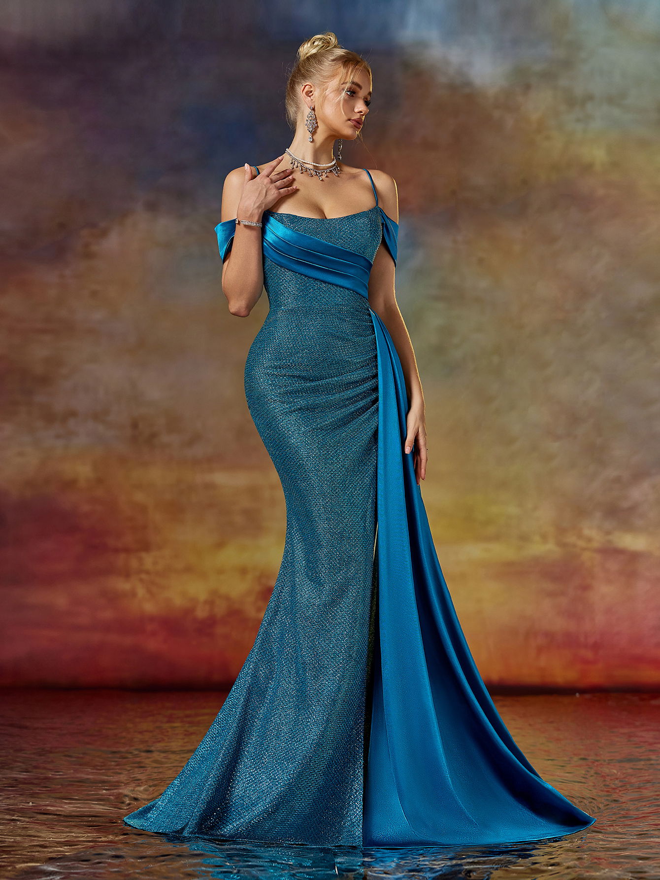 Modecrush Column Spaghetti Evening Party Dress With Taffeta Float