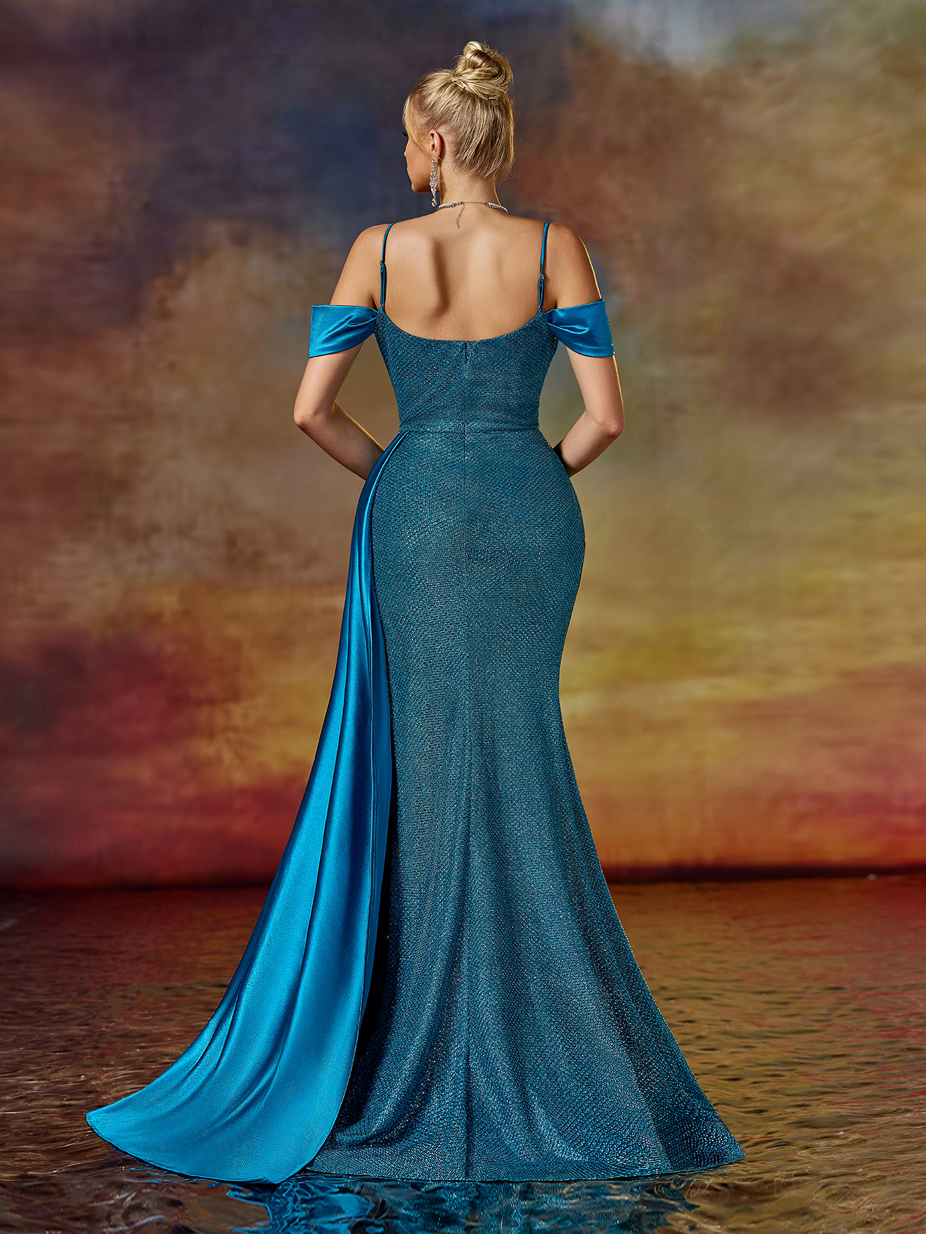 Modecrush Column Spaghetti Evening Party Dress With Taffeta Float