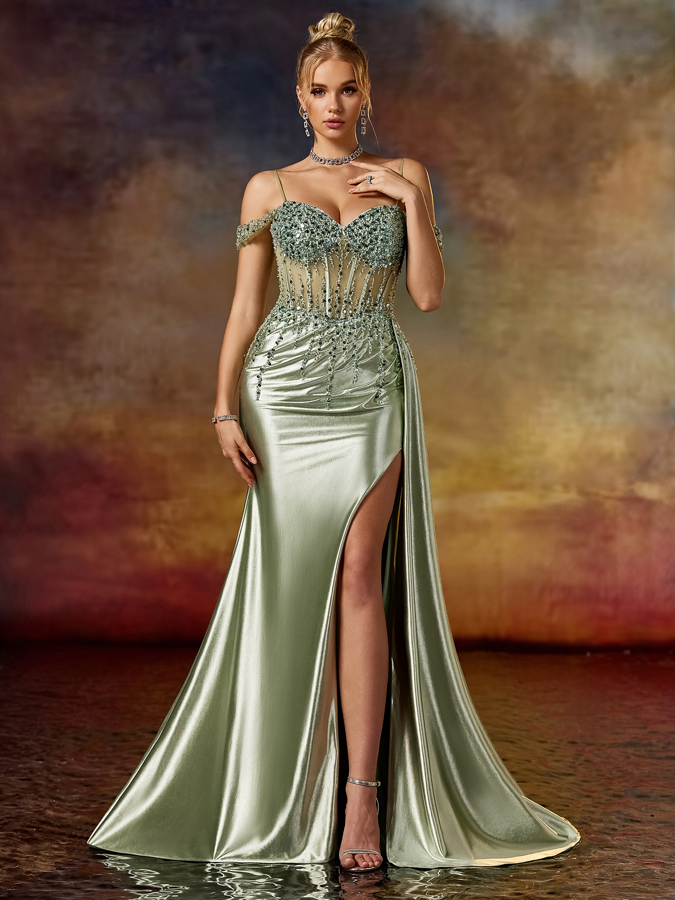 Modecrush Column Spaghetti Beaded Sweetheart Split Tight Prom Dress