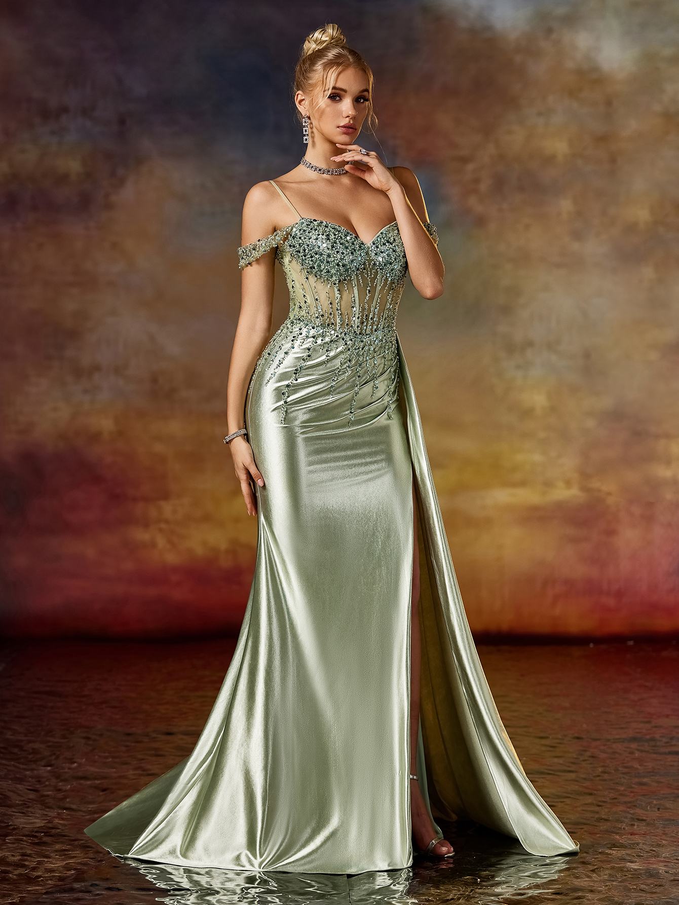 Modecrush Column Spaghetti Beaded Sweetheart Split Tight Prom Dress