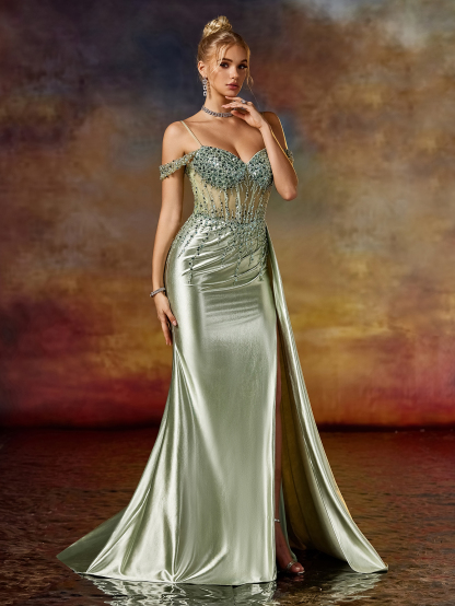 Modecrush Column Spaghetti Beaded Sweetheart Split Tight Prom Dress