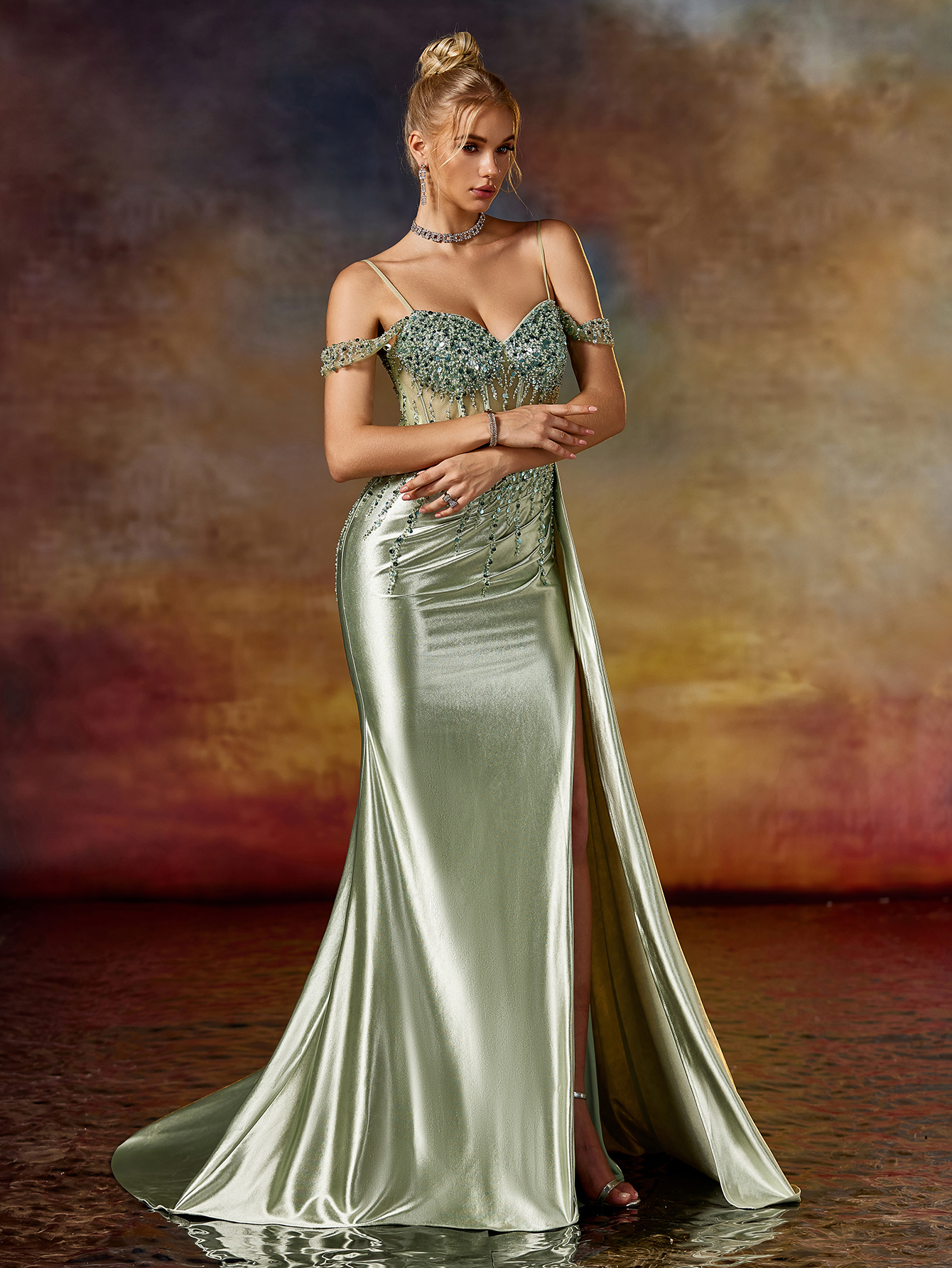 Modecrush Column Spaghetti Beaded Sweetheart Split Tight Prom Dress