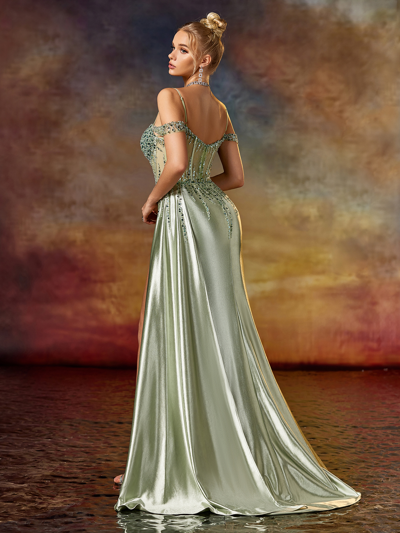 Modecrush Column Spaghetti Beaded Sweetheart Split Tight Prom Dress