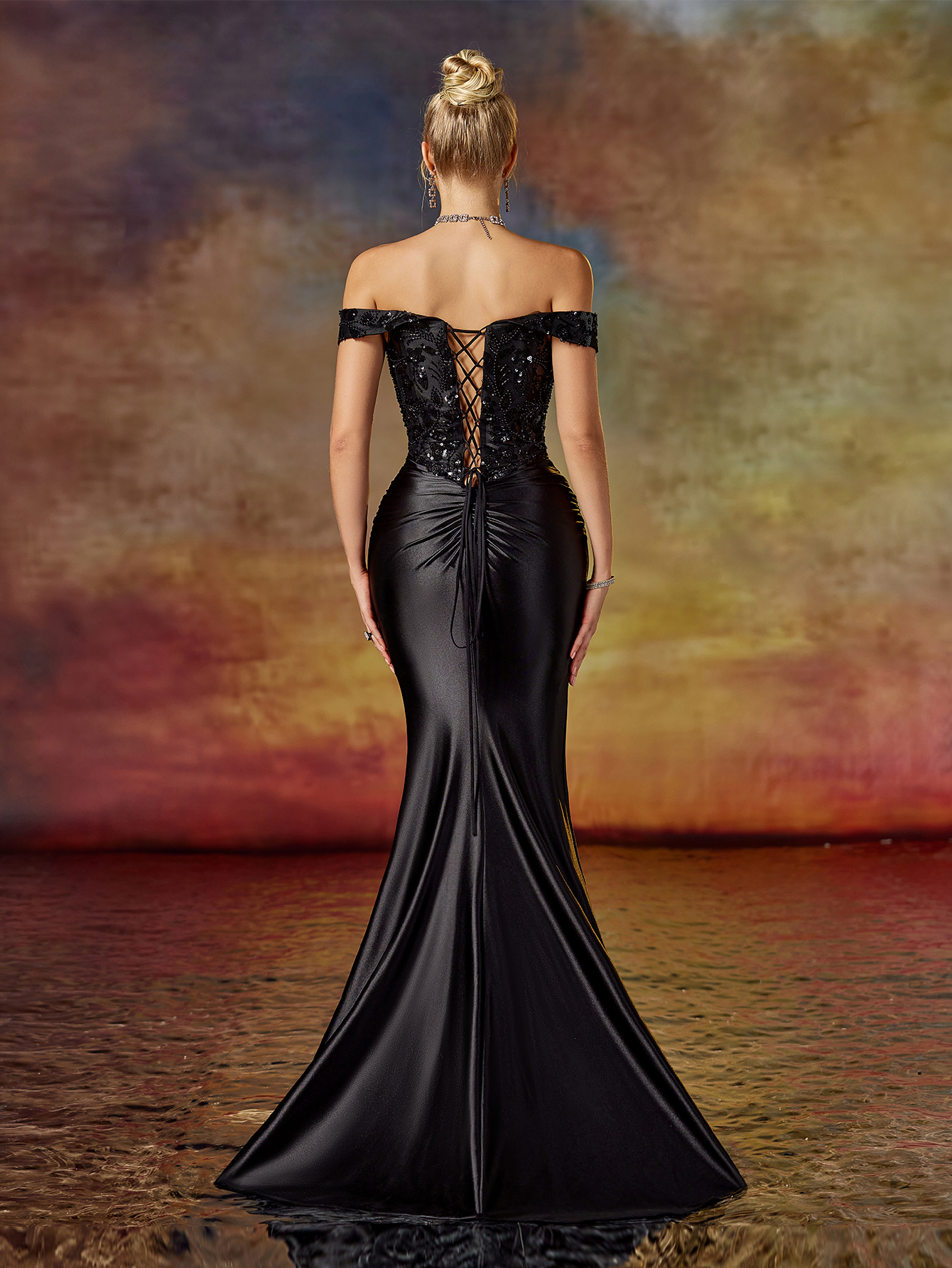 Modecrush elegante woman evening gown Flower Off-Shoulder Split Hem Back lace-up Party Dress Pleated Decorated Formal Dresses For Women Mermaid Tail Dress & Prom Dress & Wedding Guest Dress & Evening Gown For Wedding Guest, Graduation