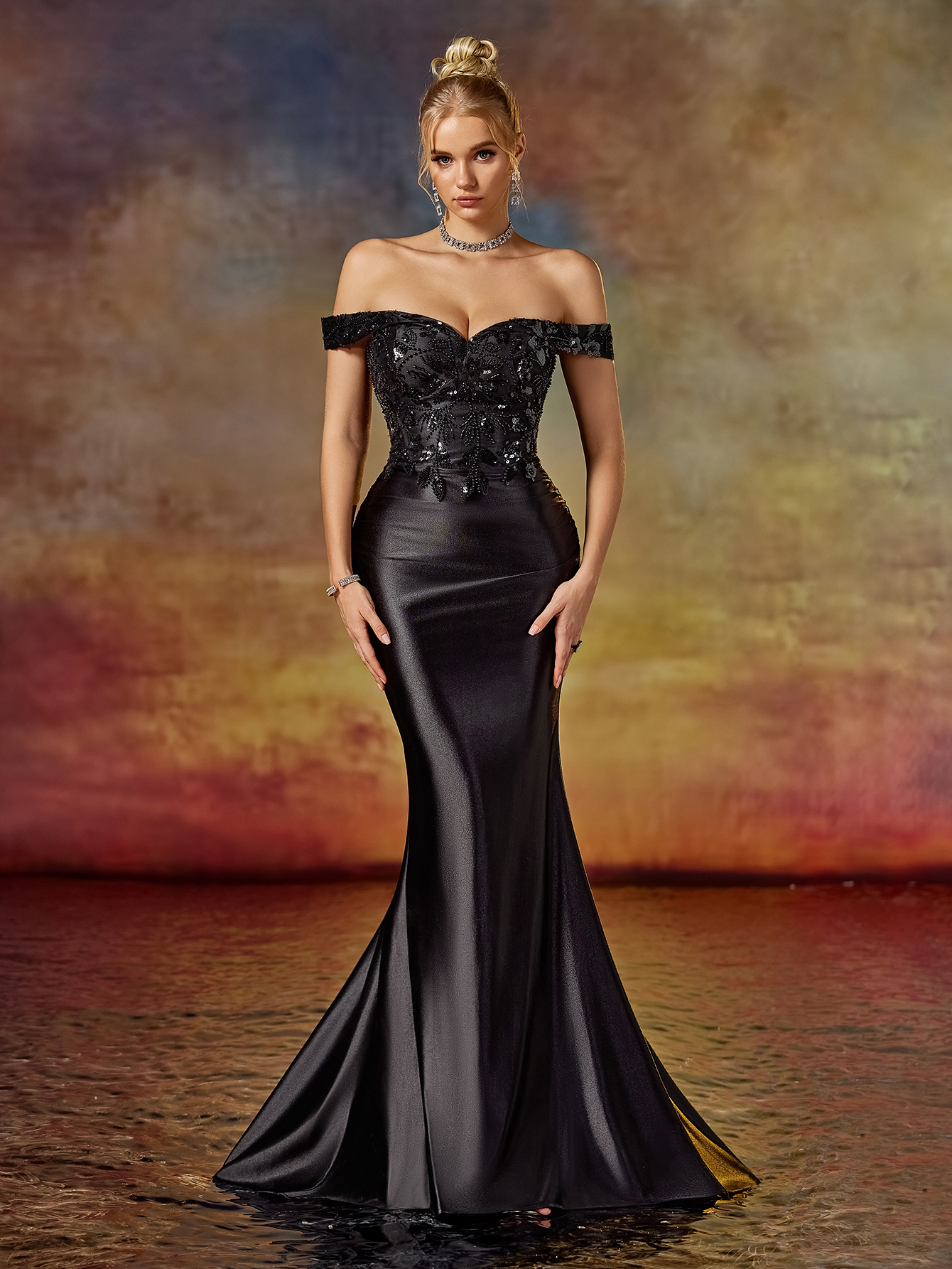 Modecrush elegante woman evening gown Flower Off-Shoulder Split Hem Back lace-up Party Dress Pleated Decorated Formal Dresses For Women Mermaid Tail Dress & Prom Dress & Wedding Guest Dress & Evening Gown For Wedding Guest, Graduation