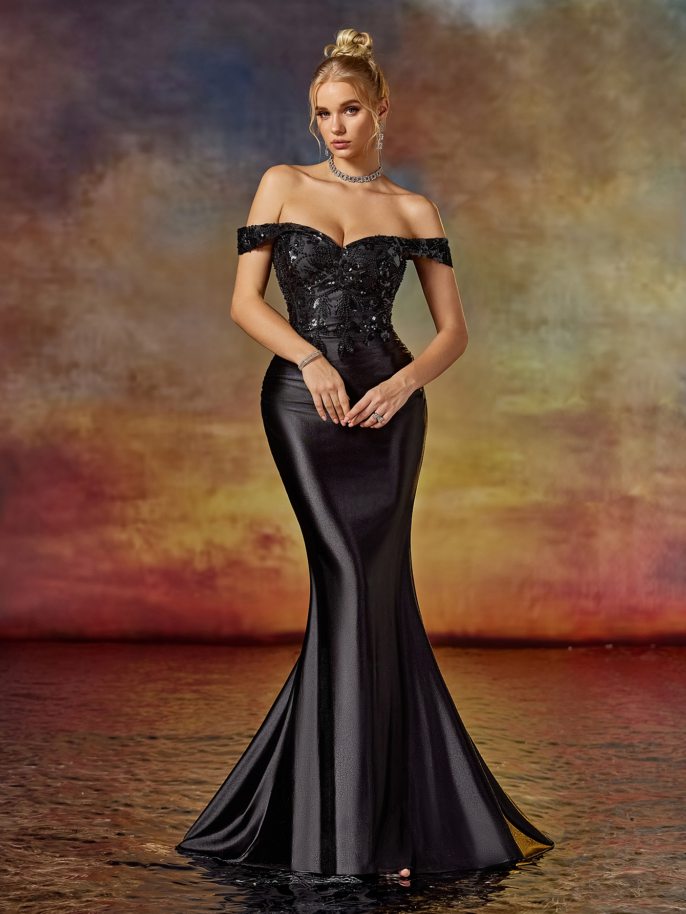 Modecrush elegante woman evening gown Flower Off-Shoulder Split Hem Back lace-up Party Dress Pleated Decorated Formal Dresses For Women Mermaid Tail Dress & Prom Dress & Wedding Guest Dress & Evening Gown For Wedding Guest, Graduation