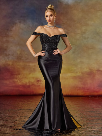 Modecrush elegante woman evening gown Flower Off-Shoulder Split Hem Back lace-up Party Dress Pleated Decorated Formal Dresses For Women Mermaid Tail Dress & Prom Dress & Wedding Guest Dress & Evening Gown For Wedding Guest, Graduation