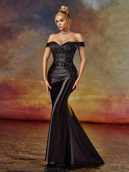 Modecrush elegante woman evening gown Flower Off-Shoulder Split Hem Back lace-up Party Dress Pleated Decorated Formal Dresses For Women Mermaid Tail Dress & Prom Dress & Wedding Guest Dress & Evening Gown For Wedding Guest, Graduation