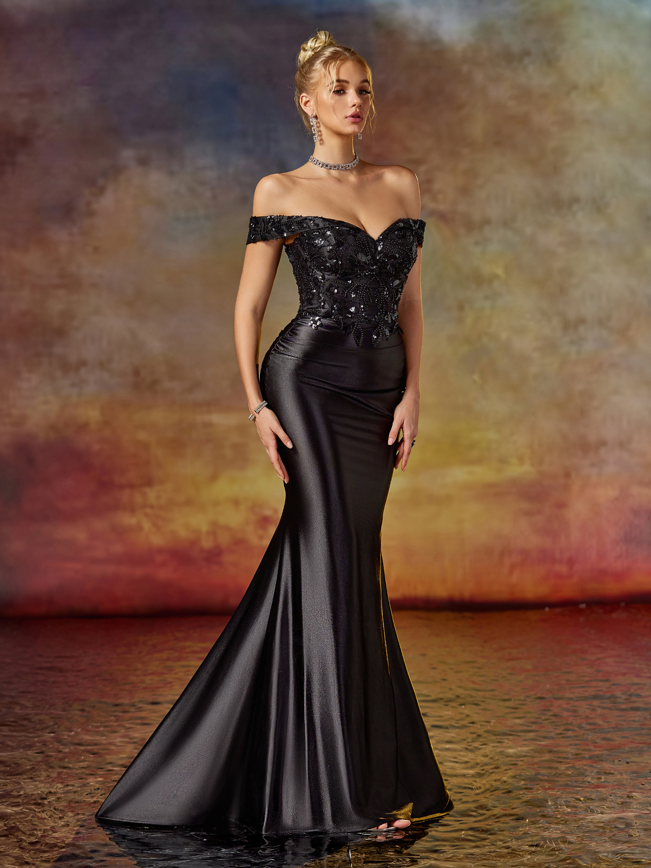 Modecrush elegante woman evening gown Flower Off-Shoulder Split Hem Back lace-up Party Dress Pleated Decorated Formal Dresses For Women Mermaid Tail Dress & Prom Dress & Wedding Guest Dress & Evening Gown For Wedding Guest, Graduation