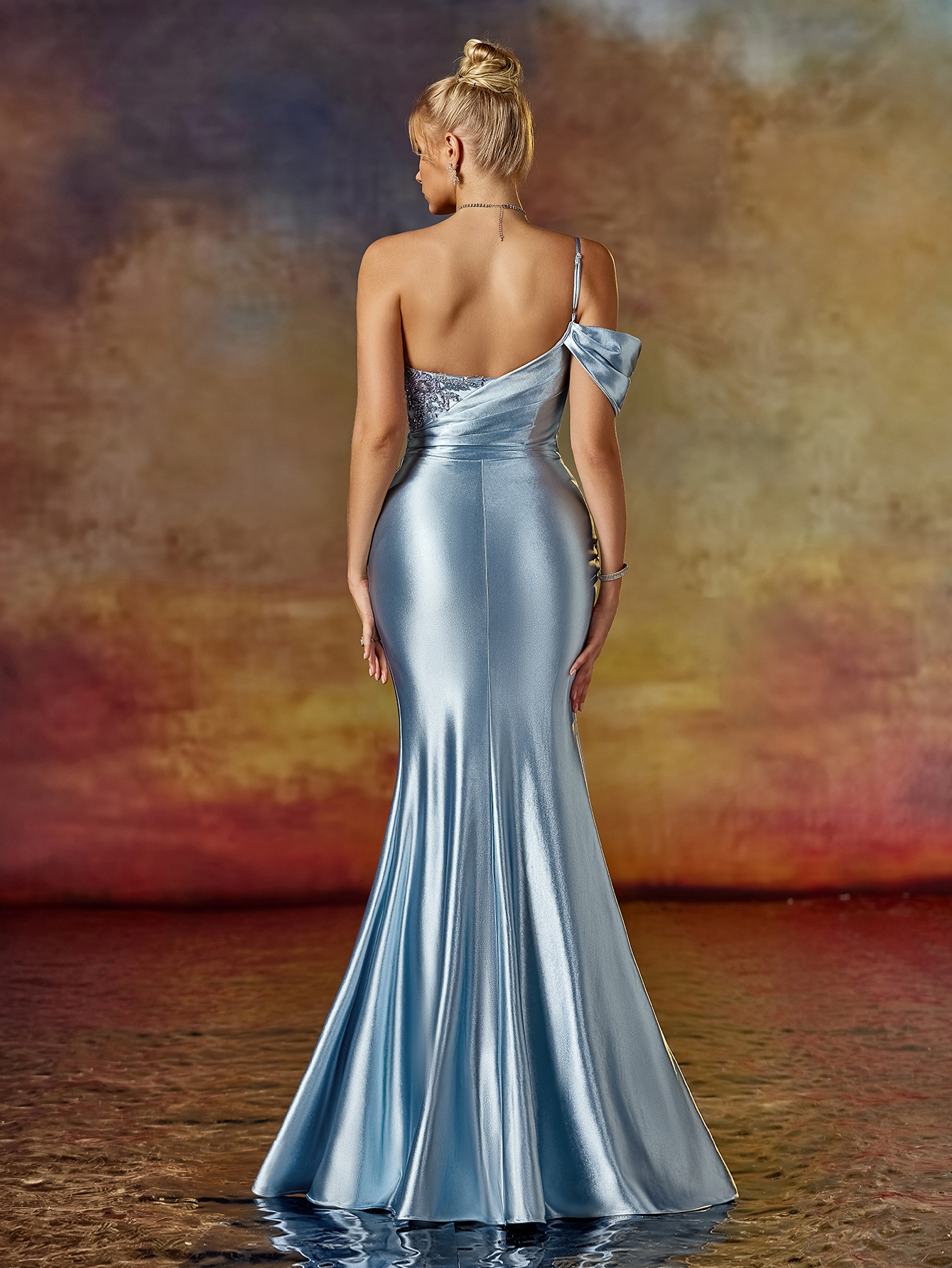 Modecrush Column One Shoulder Strapless Beaded Applique Evening Formal Dress