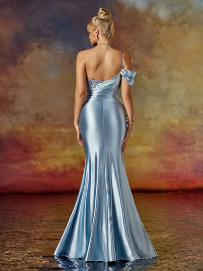 Modecrush Column One Shoulder Strapless Beaded Applique Evening Formal Dress