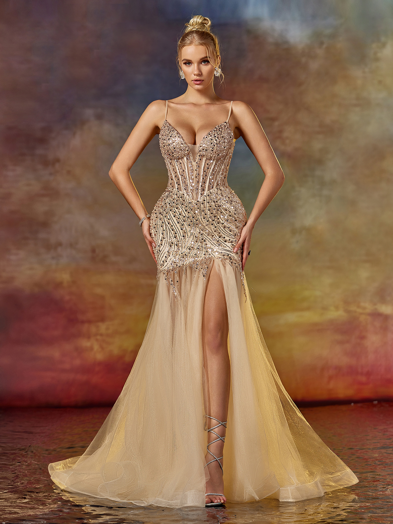 Modecrush Deep V Neck Spaghetti Mermaid Prom Dress