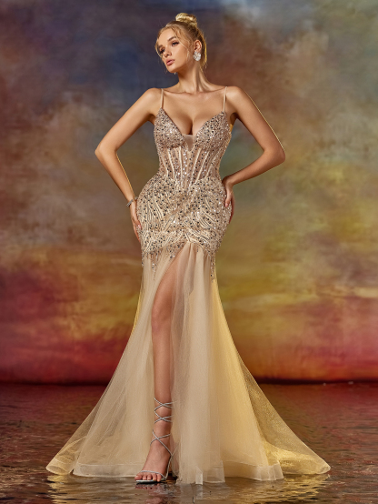 Modecrush Deep V Neck Spaghetti Mermaid Prom Dress