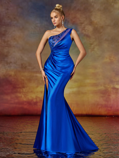 Modecrush Column One Shoulder Beading Slit Thigh Evening Party Dress