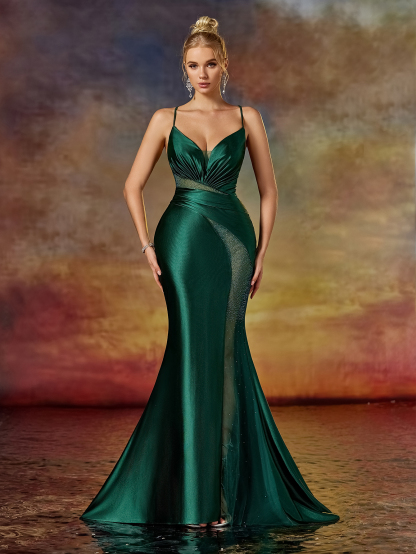 Modecrush Column Spaghetti Beaded V Neck Evening Party Dress