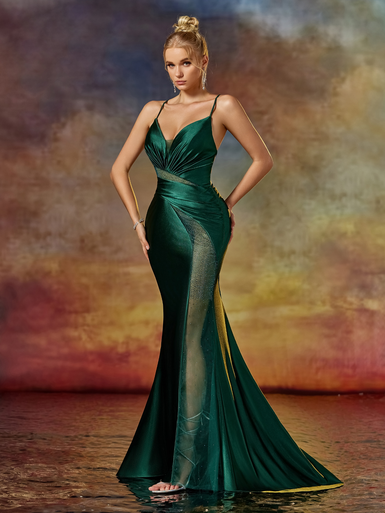 Modecrush Column Spaghetti Beaded V Neck Evening Party Dress