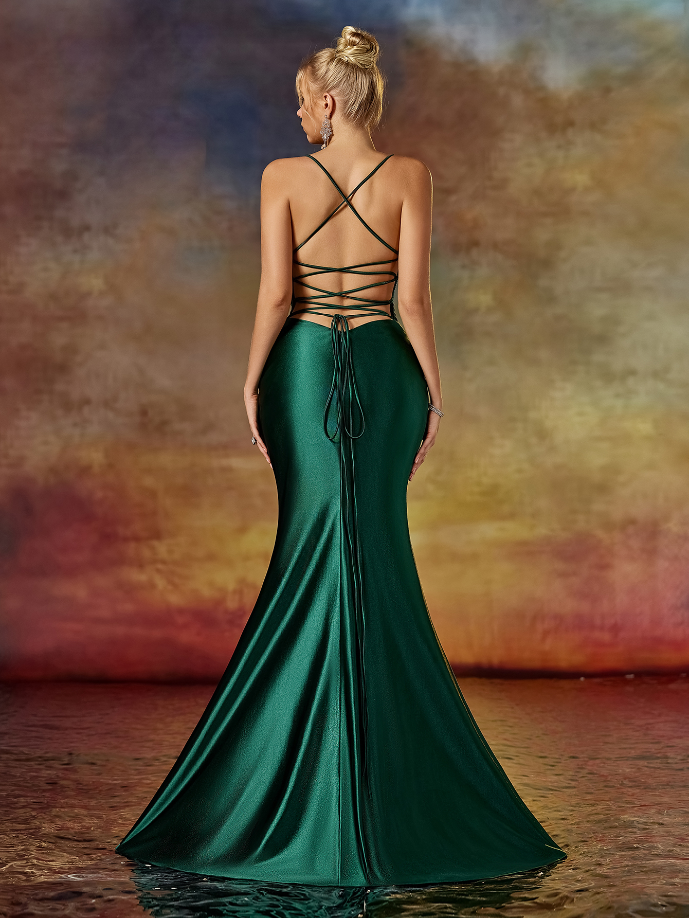 Modecrush Column Spaghetti Beaded V Neck Evening Party Dress