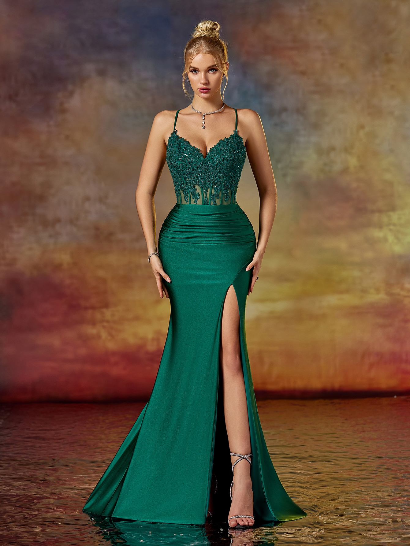 Modecrush Column Spaghetti V Neck Lace Applique Evening Party Dress