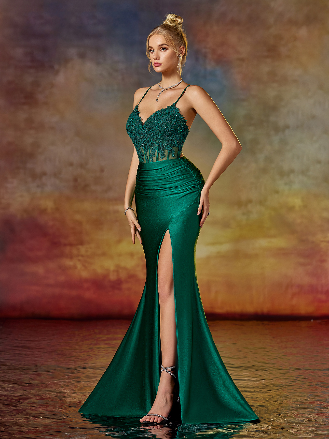 Modecrush Column Spaghetti V Neck Lace Applique Evening Party Dress