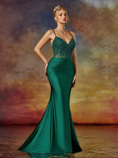 Modecrush Column Spaghetti V Neck Lace Applique Evening Party Dress