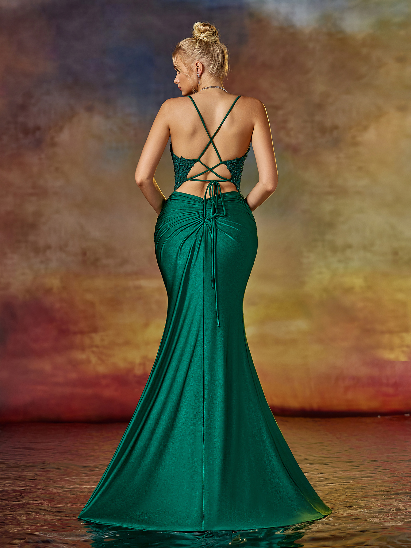 Modecrush Column Spaghetti V Neck Lace Applique Evening Party Dress