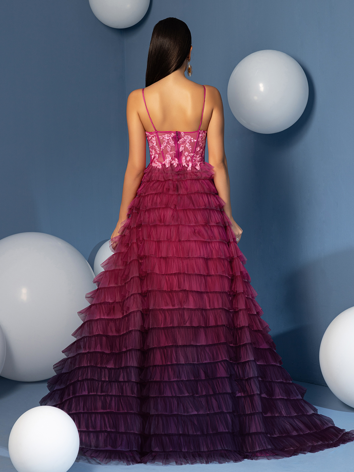 Modecrush A Line V Neck High Low Gradient Ruffle Skirt Prom Homecoming Dress