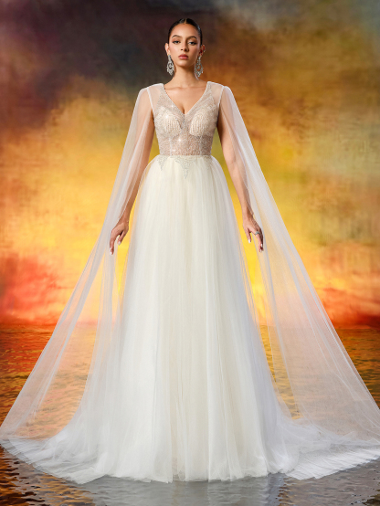Elegant V-Neck Beaded Embroidery Wedding Dress - Sheer Long Flowing Sleeves & A-Line Tulle