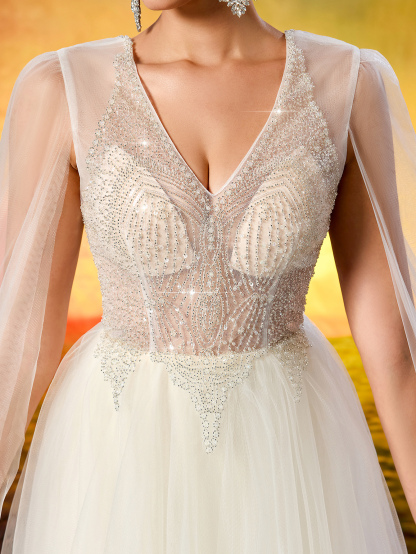 Elegant V-Neck Beaded Embroidery Wedding Dress - Sheer Long Flowing Sleeves & A-Line Tulle