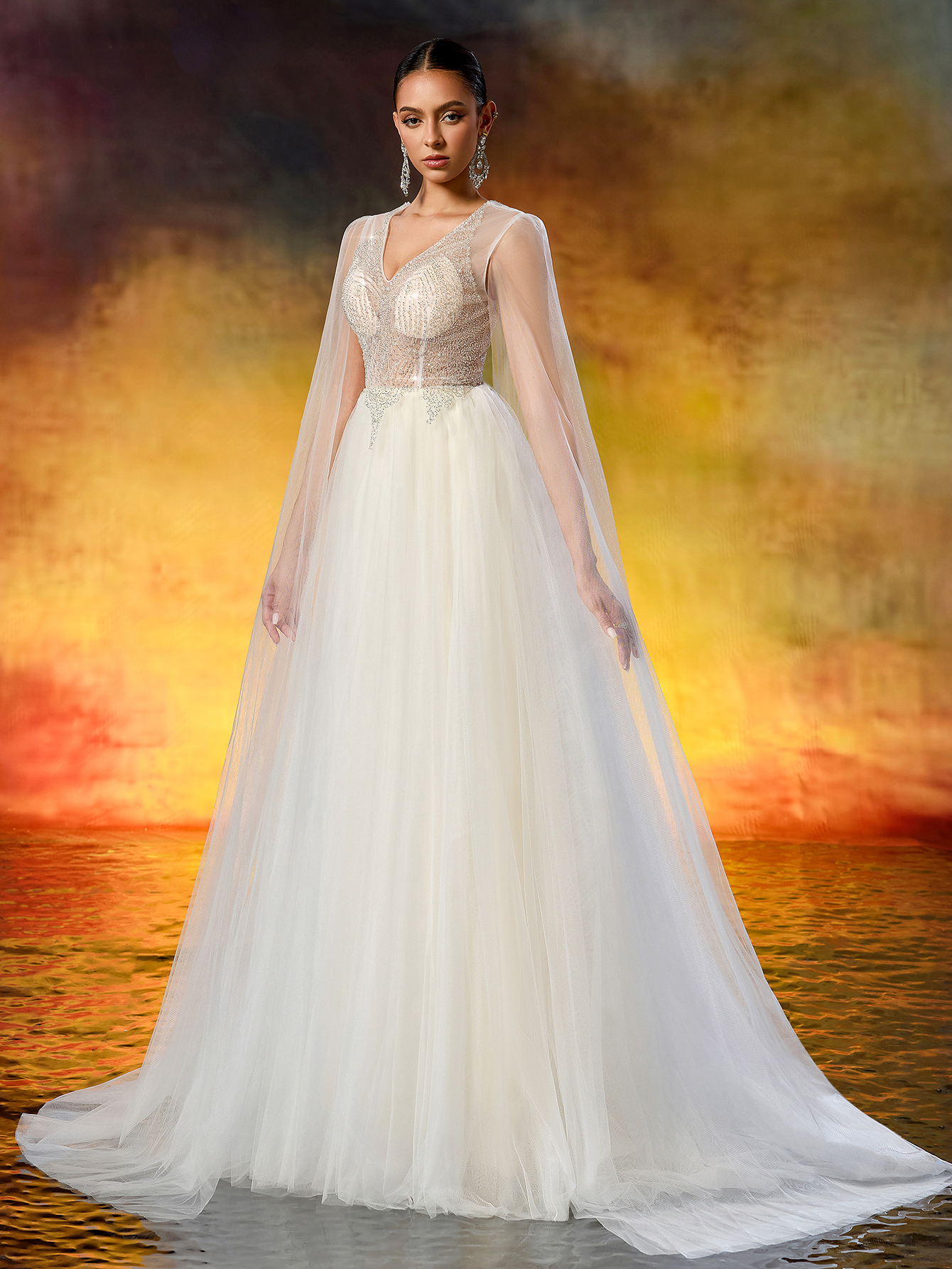 Elegant V-Neck Beaded Embroidery Wedding Dress - Sheer Long Flowing Sleeves & A-Line Tulle