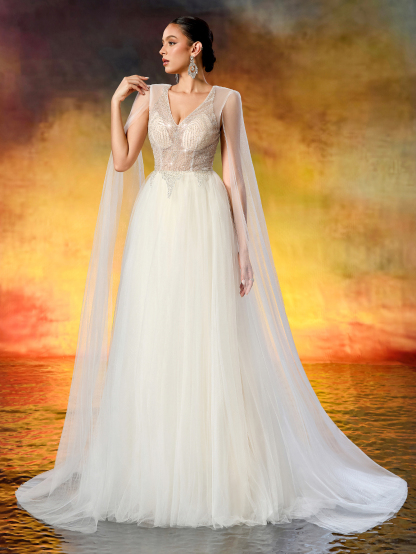 Elegant V-Neck Beaded Embroidery Wedding Dress - Sheer Long Flowing Sleeves & A-Line Tulle